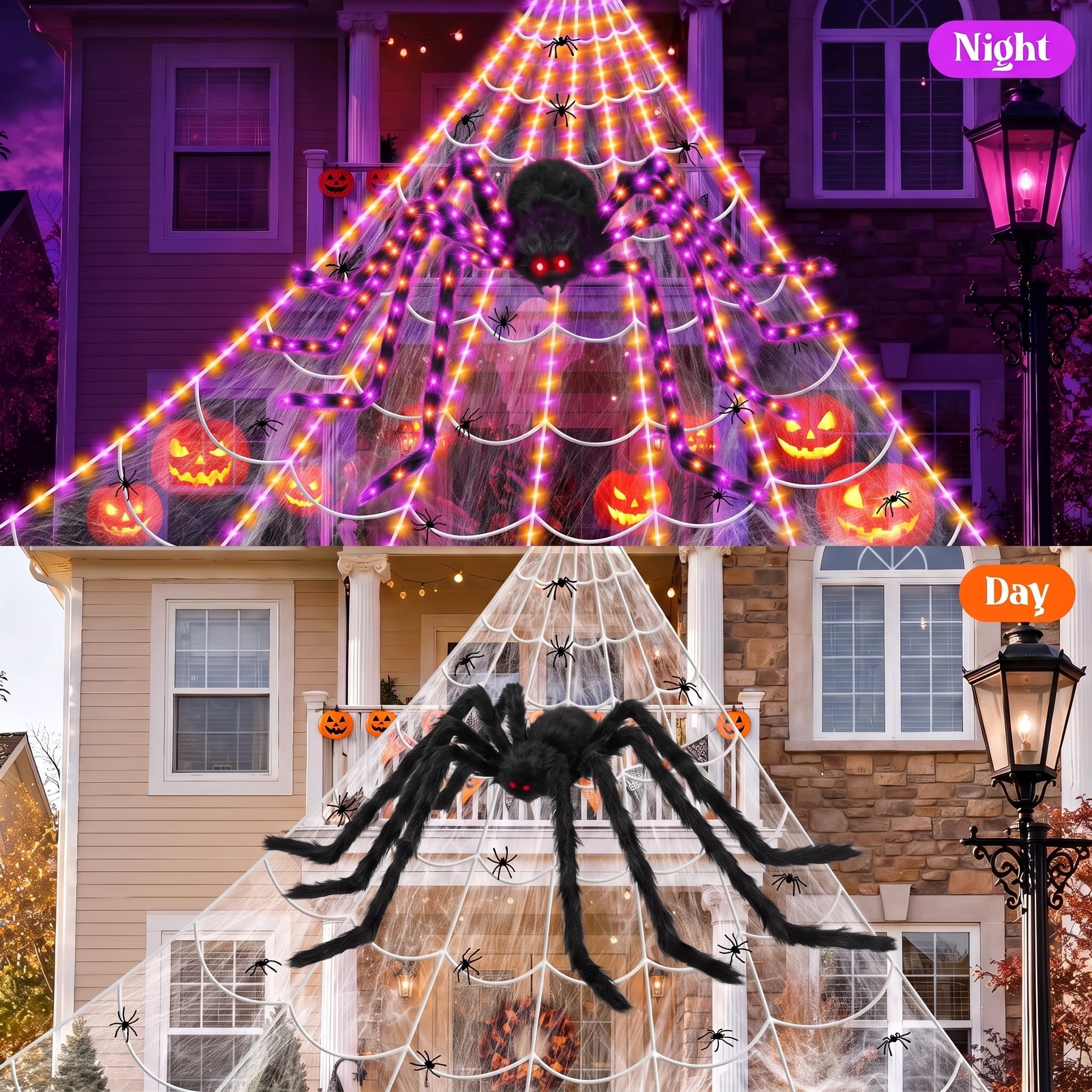 Leyaron Halloween Decorations Outdoor, 350 LED Halloween Spider Web String Lights with 79" Lighted Spider for Outdoor Garden Party Yard Porch Home Decor