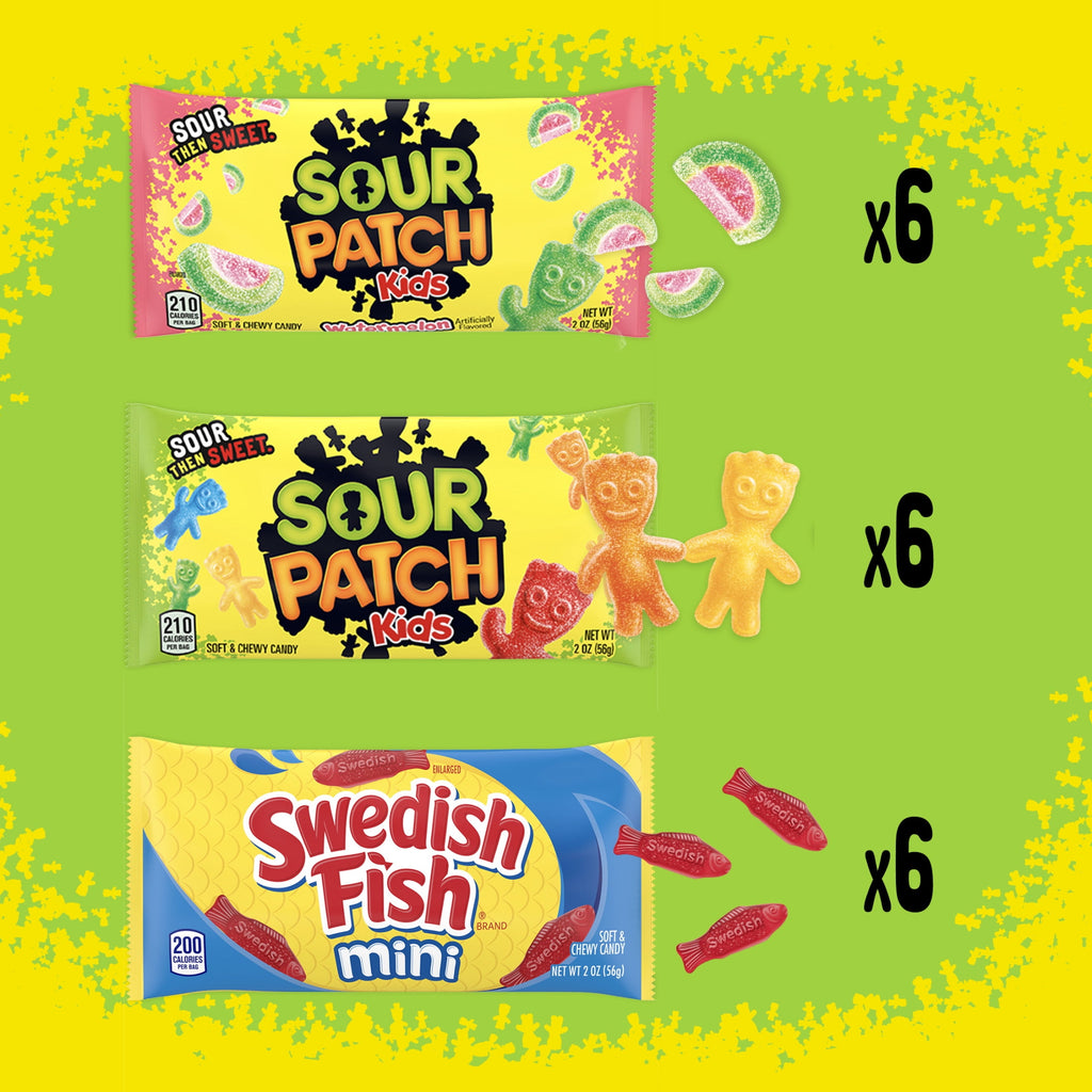 SOUR PATCH KIDS and SWEDISH FISH Mini Soft & Chewy Halloween Candy Variety Pack, 18 Snack Packs