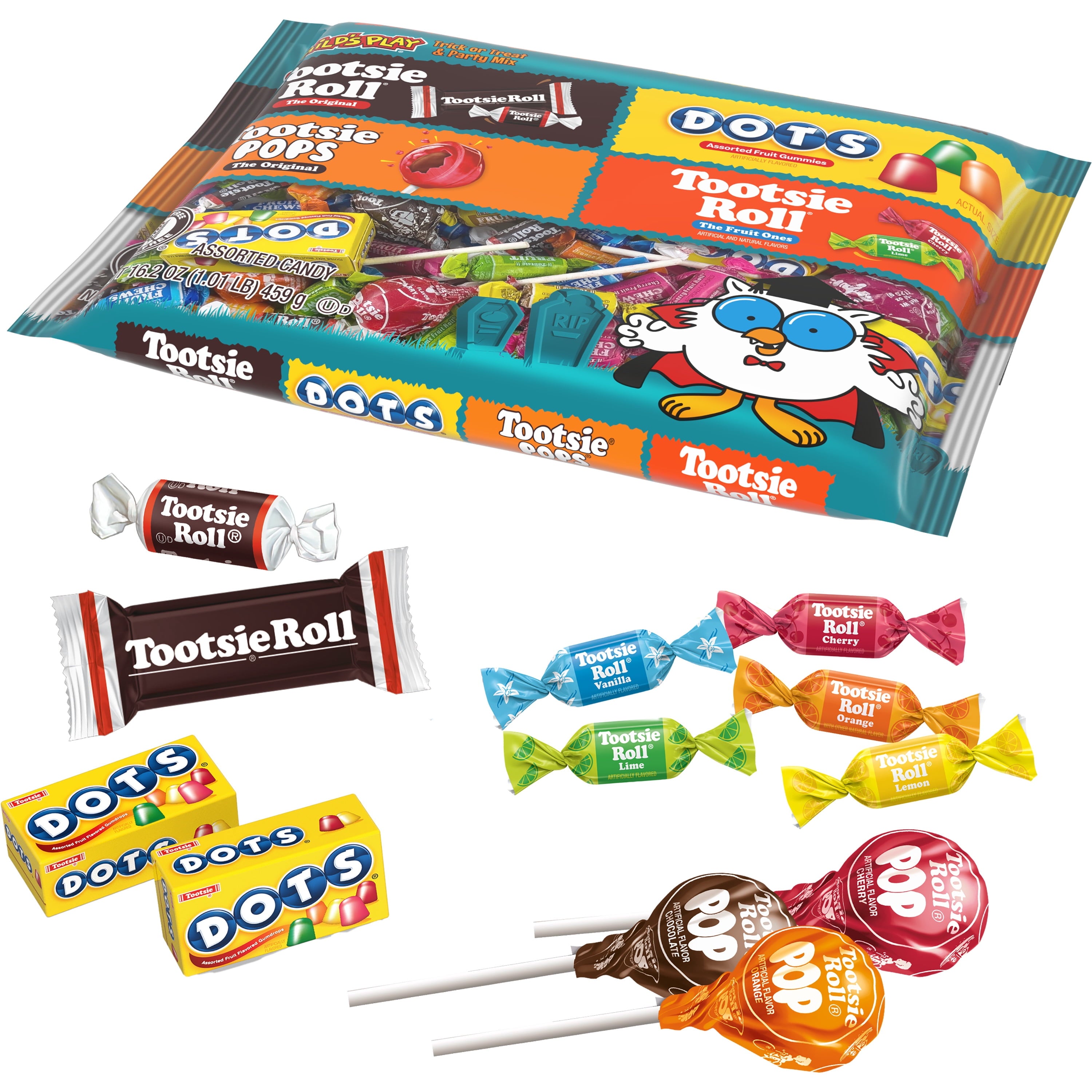 Tootsie Child's Play, Assorted Halloween Candy, Individually Wrapped, 16.2 oz. Peanut Free and Gluten Free. Contains Milk.