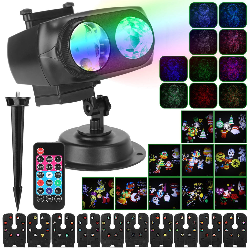 Moclever 2 in 1 Holiday Projector Lights, Indoor Outdoor LED Projection Lamp with 10-Color Ocean Wave 10 HD Slides 3 Bases Remote Control for New Year Christmas Halloween