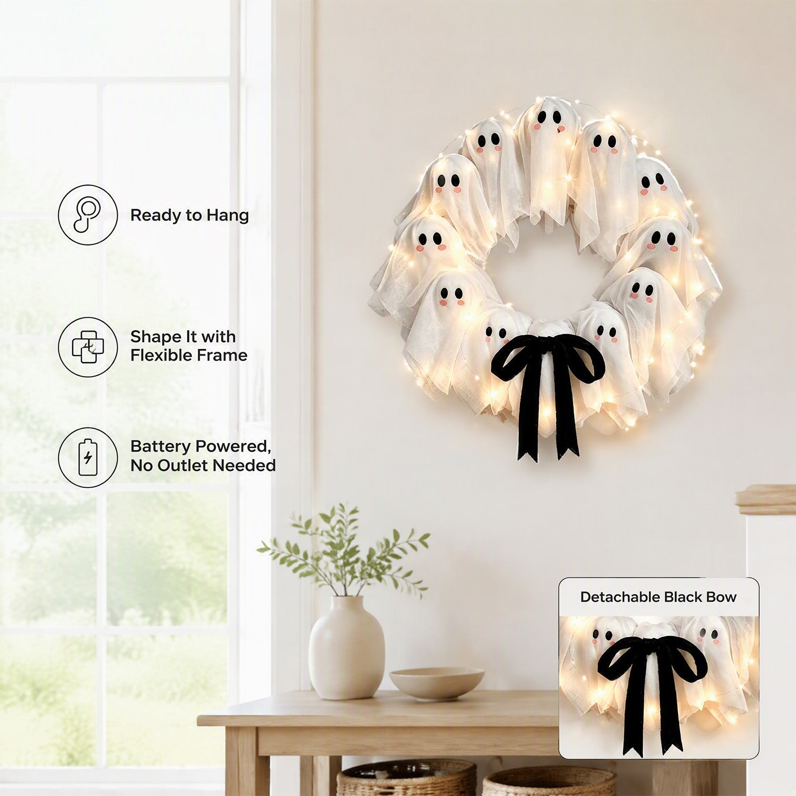 Halloween Glowing Ghost Wreath, Light-up Spooky Wreath with 12 Ghost Decor, RC, 6H Timer, Ideal for Halloween Party (A 12x3inch)
