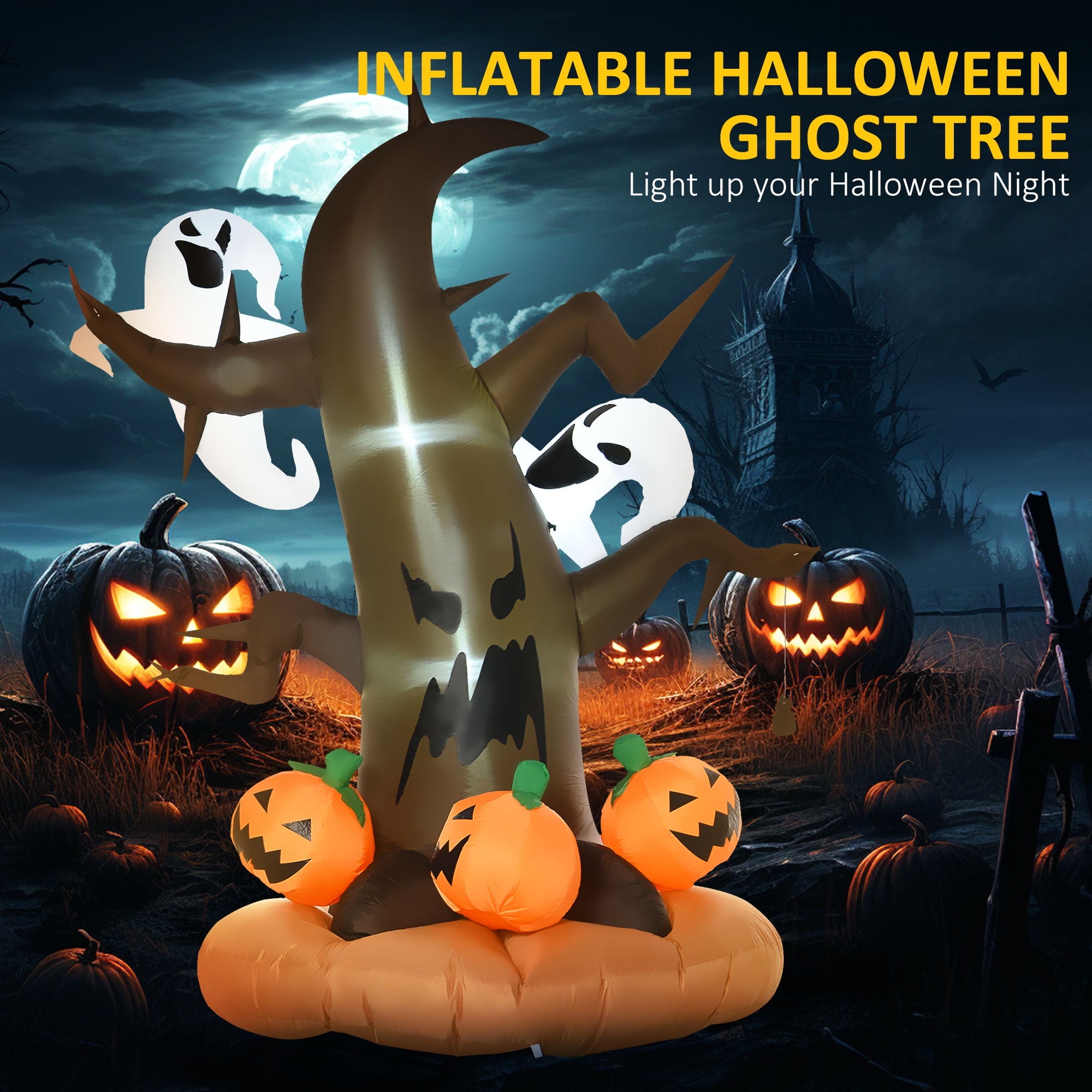 HOMCOM 7.5' Tall Lighted Halloween Inflatables Outdoor Decorations Haunted Tree With Owl, Ghost, Pumpkins, Blow Up LED Yard Decor for Garden, Lawn, Party, Holiday, Waterproof