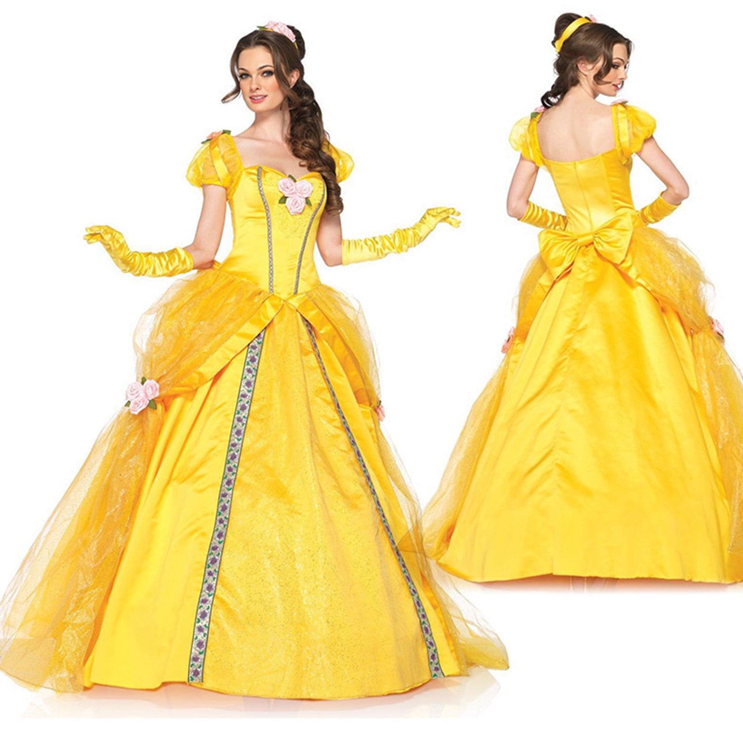 URSOFINE Women's Belle Costume Adult Yellow Off-Shoulder Princess Dress up Ball Gown Beauty Outfit Halloween Party Dress