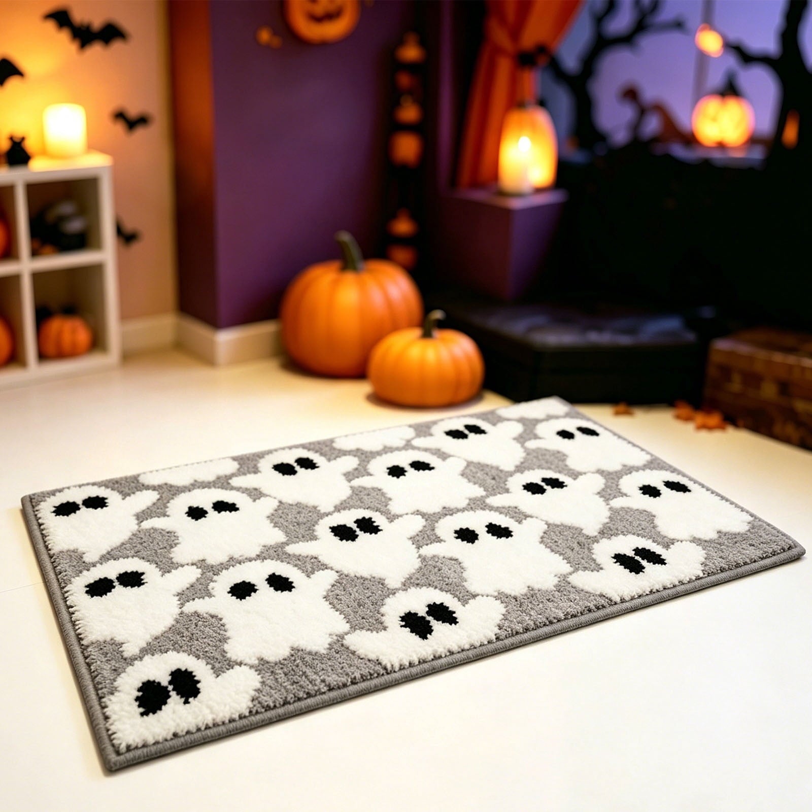 Halloween Heart Print Doormat 60x40cm, Black Orange Spooky Entry Mat for Front Door, Non-Slip Indoor Outdoor Rug