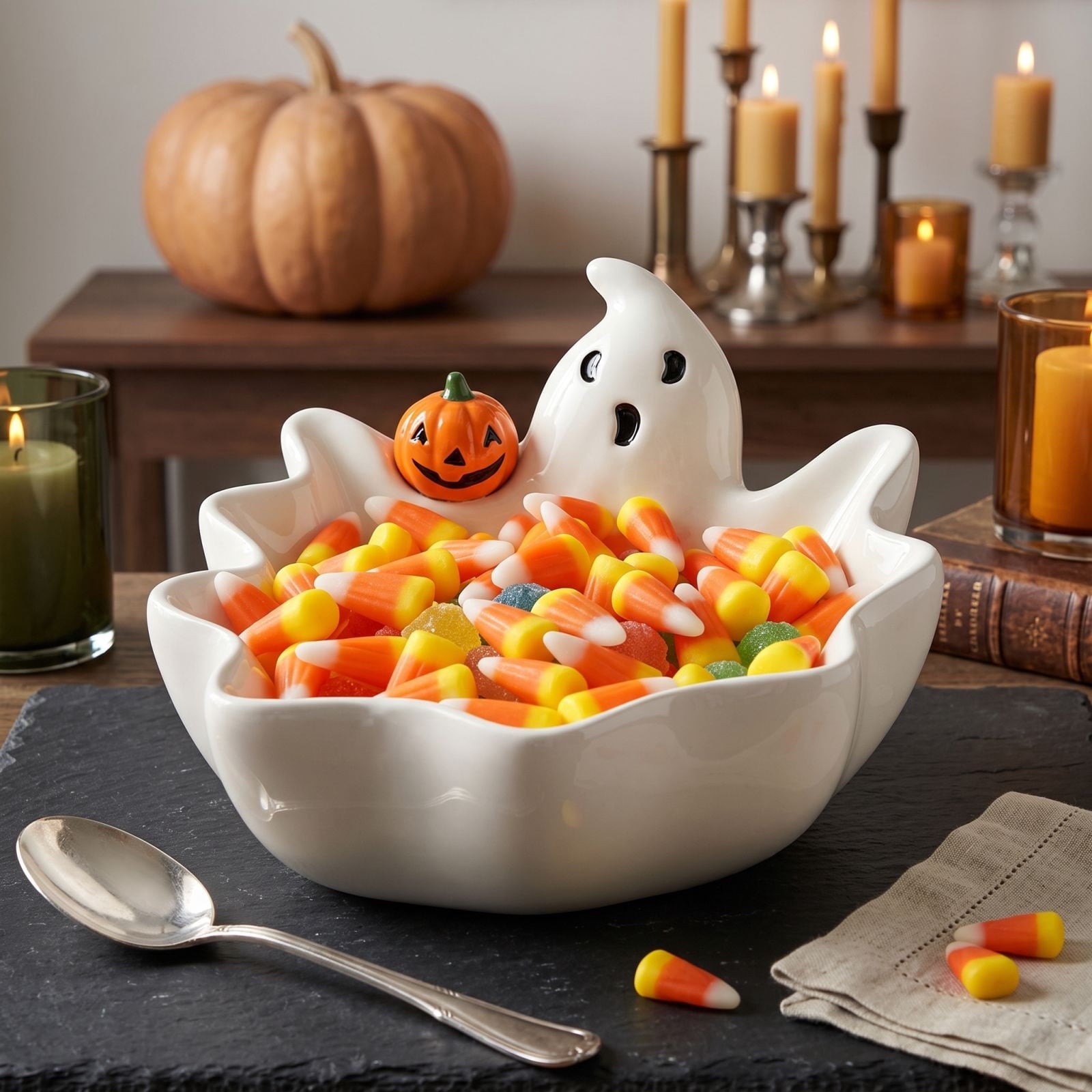 Diceymbol Halloween Pumpkin Snack Bowl Stand Collapsible Broomstick Candy Tray for Cupcakes & Desserts, Resin Serving Platter with Ceramic Pumpkin Bowls