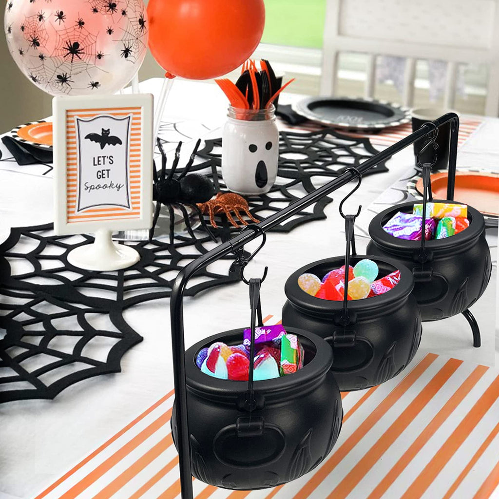 Halloween Decoration Witches Cauldron Serving Bowls on Rack Set of 3 Black Plastic Candy Bucket for St. Patrick’s Day Indoor Outdoor Home Kitchen Decoration
