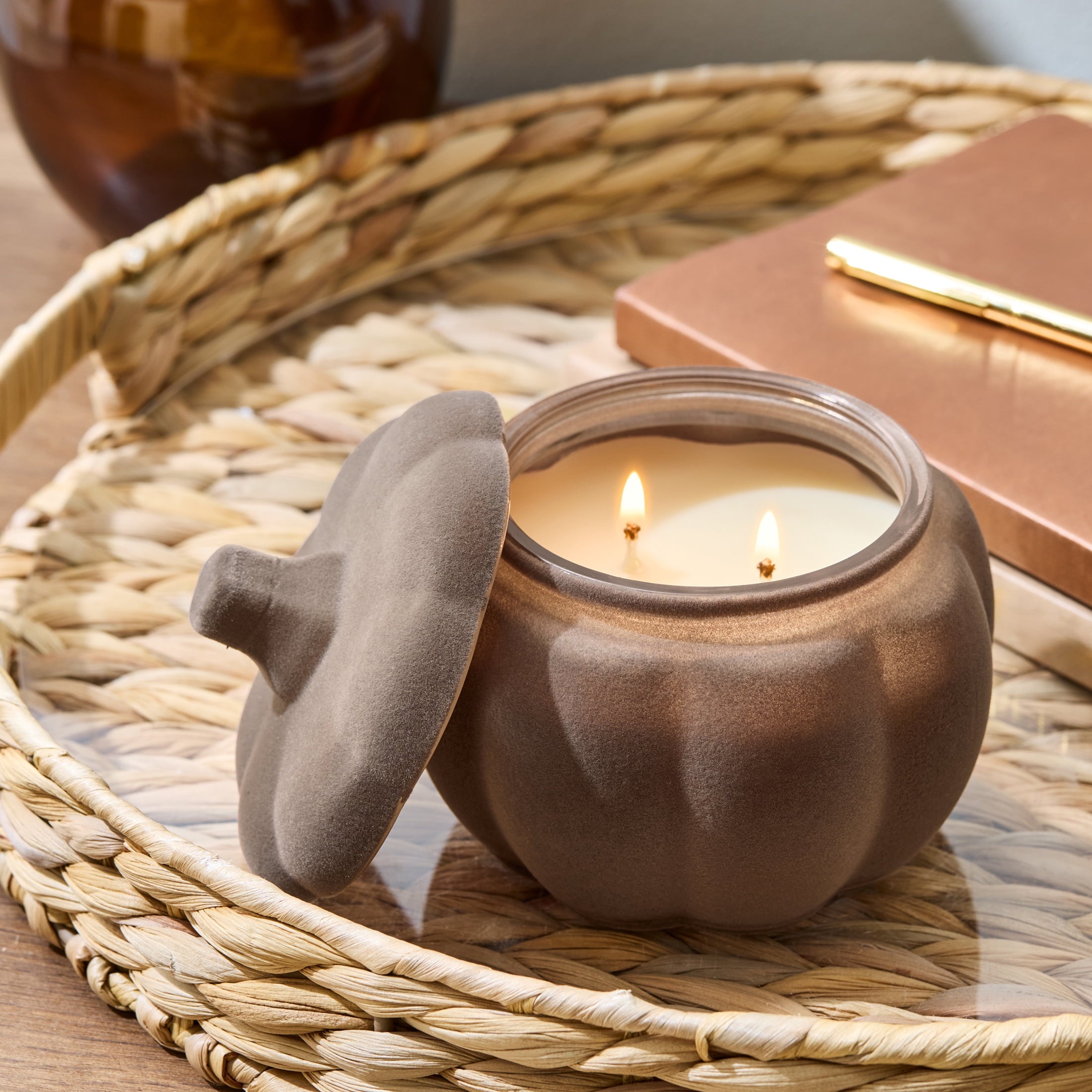 Better Homes & Gardens Flocked Pumpkin Jar Candle, Pumpkin Snickerdoodle Swirl, 2-Wick, 12.7 oz