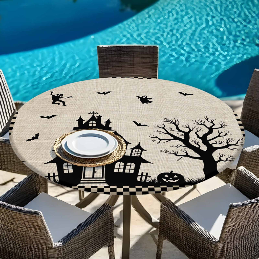 Halloween Round Tablecloth 55-60 Inch Round Fitted Table Cloth with Elastic Edge, Spooky Pumpkins Horror Castle Bat Black Plaid Waterproof Table Cover Protector for Outdoor Picnic Party Dining