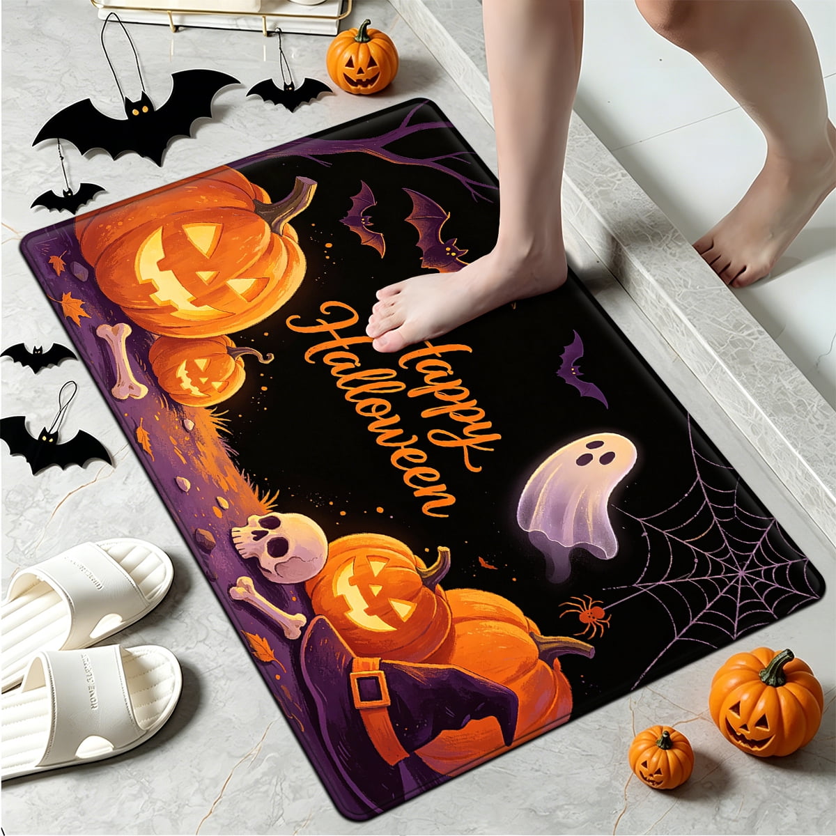 YIMEIS Halloween Pumpkin Lantern 3Pcs Flannel Mat & Kitchen Rugs Set,16''×24'' 20''×30'' 17''×47'' Inches,Soft Non-slip for Home Bathroom