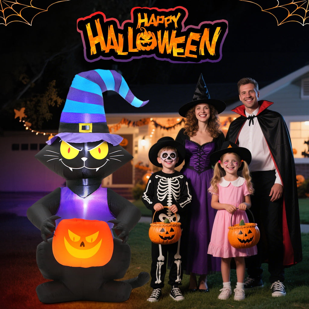 Toiyjofe 6ft Halloween Inflatable Black Cat with Glowing Jack o' Lantern and Witch Hat, Outdoor LED Trick-or-Treat Decoration for Yard, Lawn & Porch