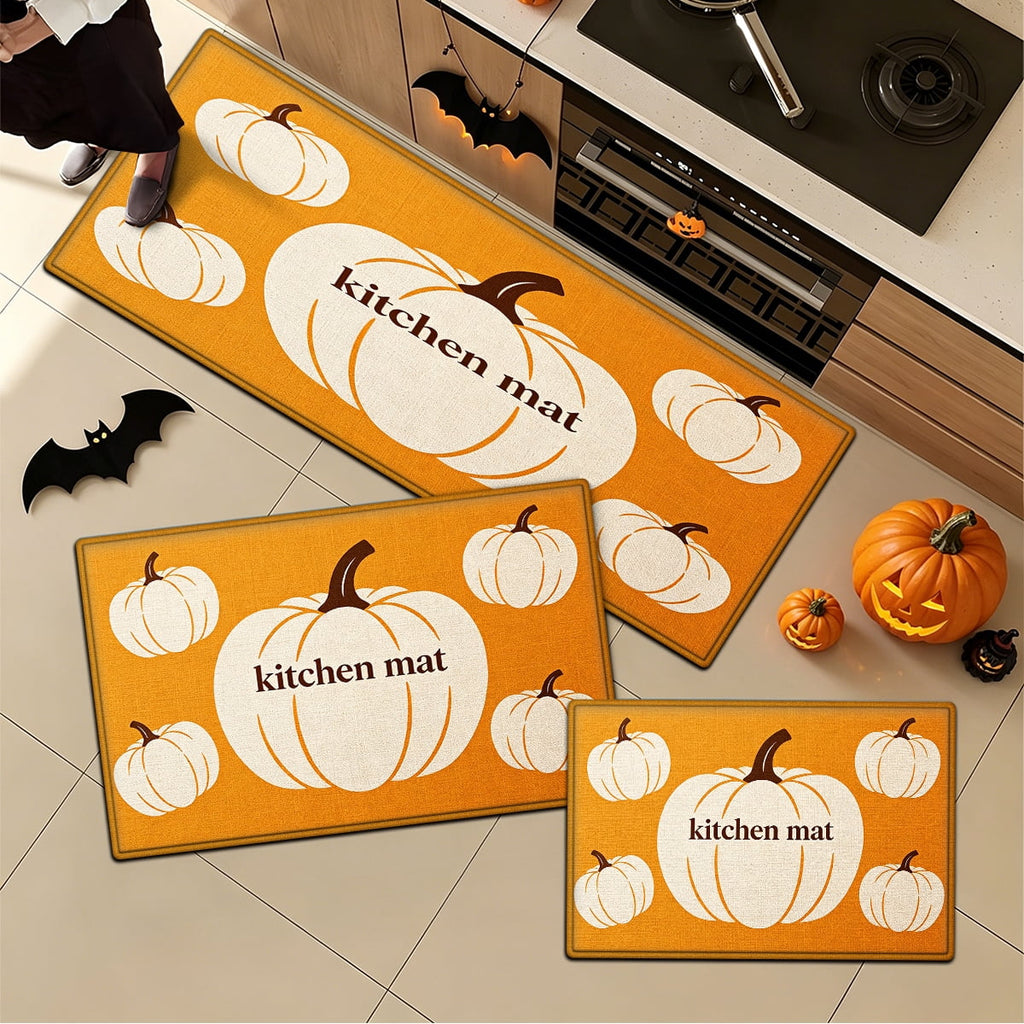 YIMEIS Halloween White Pumpkin Multi-purpose 3-Piece Flannel Mat and Kitchen Rugs,Soft Non-slip for Home Bedroom Bathroom