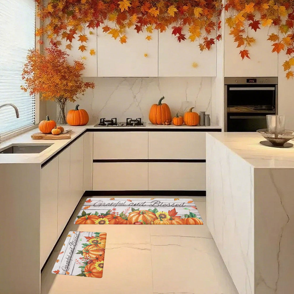 HOARBOEG Kitchen Floor Mat, Halloween Thanksgiving Fall Floor Mats 2-Piece Set - Non-Slip Pumpkin Maple Leaf Decor Rug for Bathroom Kitchen Porch Entrance, Holiday Home Decor