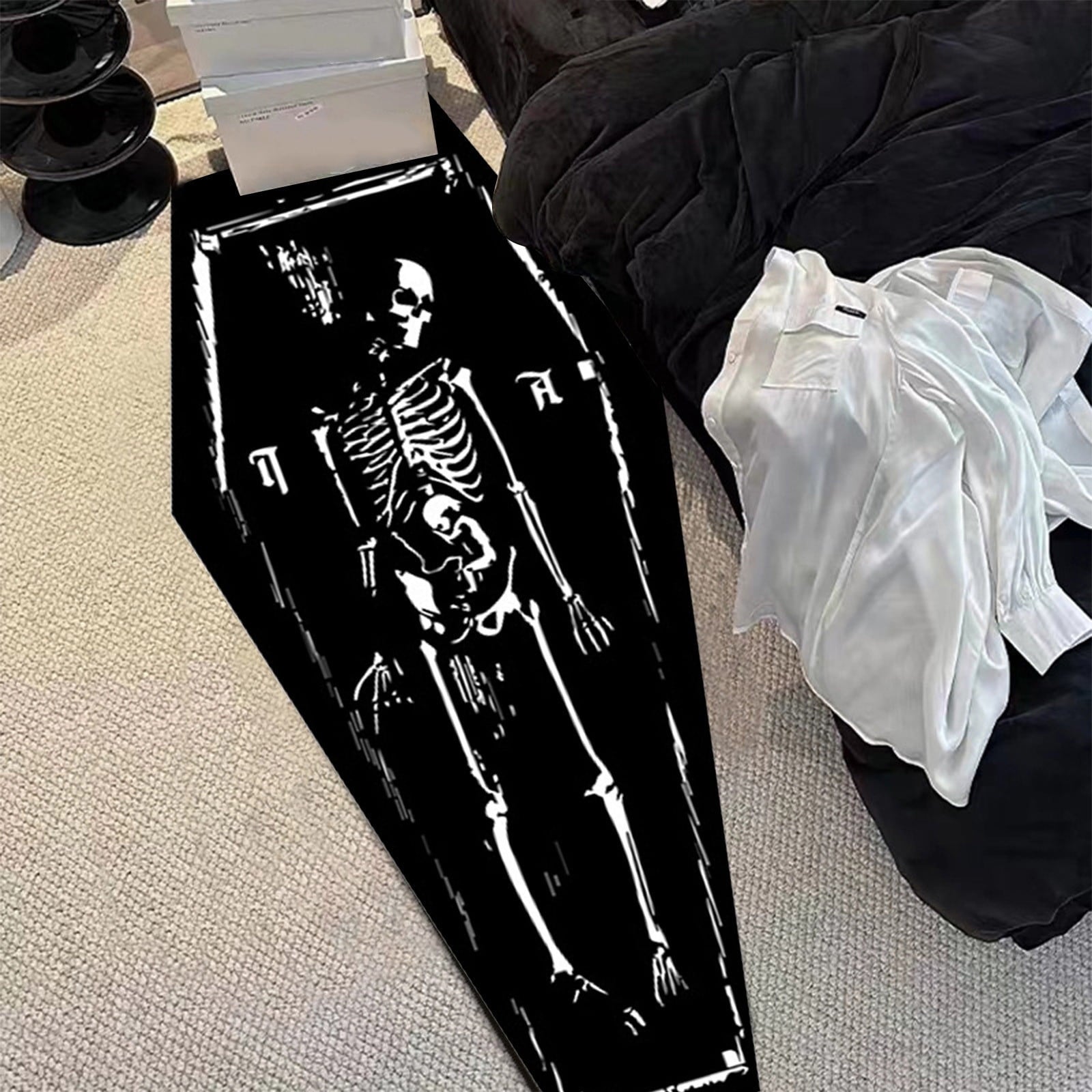 Harliver Halloween Carpet Gothic Coffin Shaped Skeleton Rug, Non Slip Washable Halloween Door Mat, for Bathroom Home Indoor Kitchen Bedroom Living Room Halloween Decorations, 15.7 x 47.2in