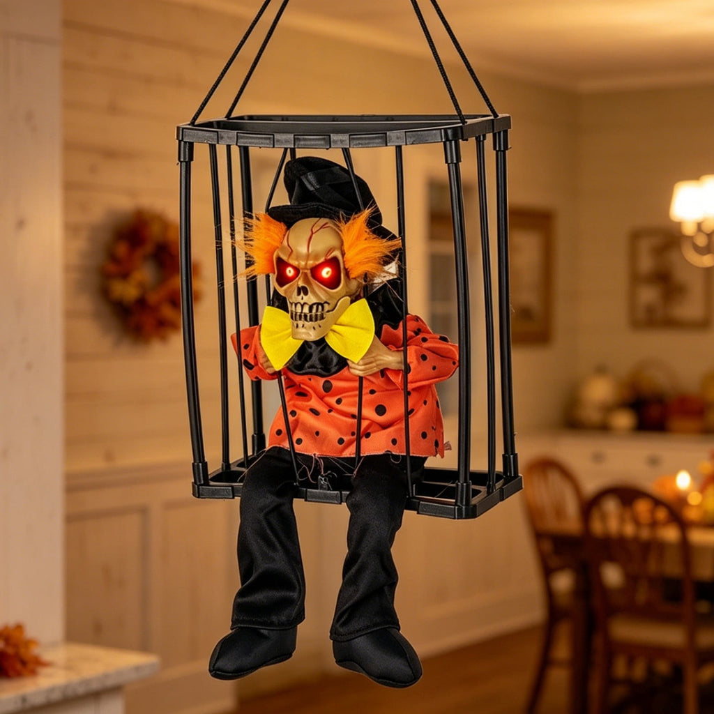 Sahpxhe Halloween Decorations Hanging Ghost Decor, Animated Shaking Caged Skeleton Prisoner with Glowing Red Eyes for Indoor Living Room Party Decor Watermelon Red