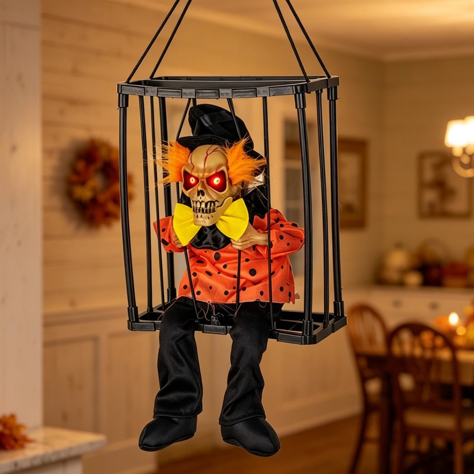 Sahpxhe Halloween Decorations Hanging Ghost Decor, Animated Shaking Caged Skeleton Prisoner with Glowing Red Eyes for Indoor Living Room Party Decor Watermelon Red
