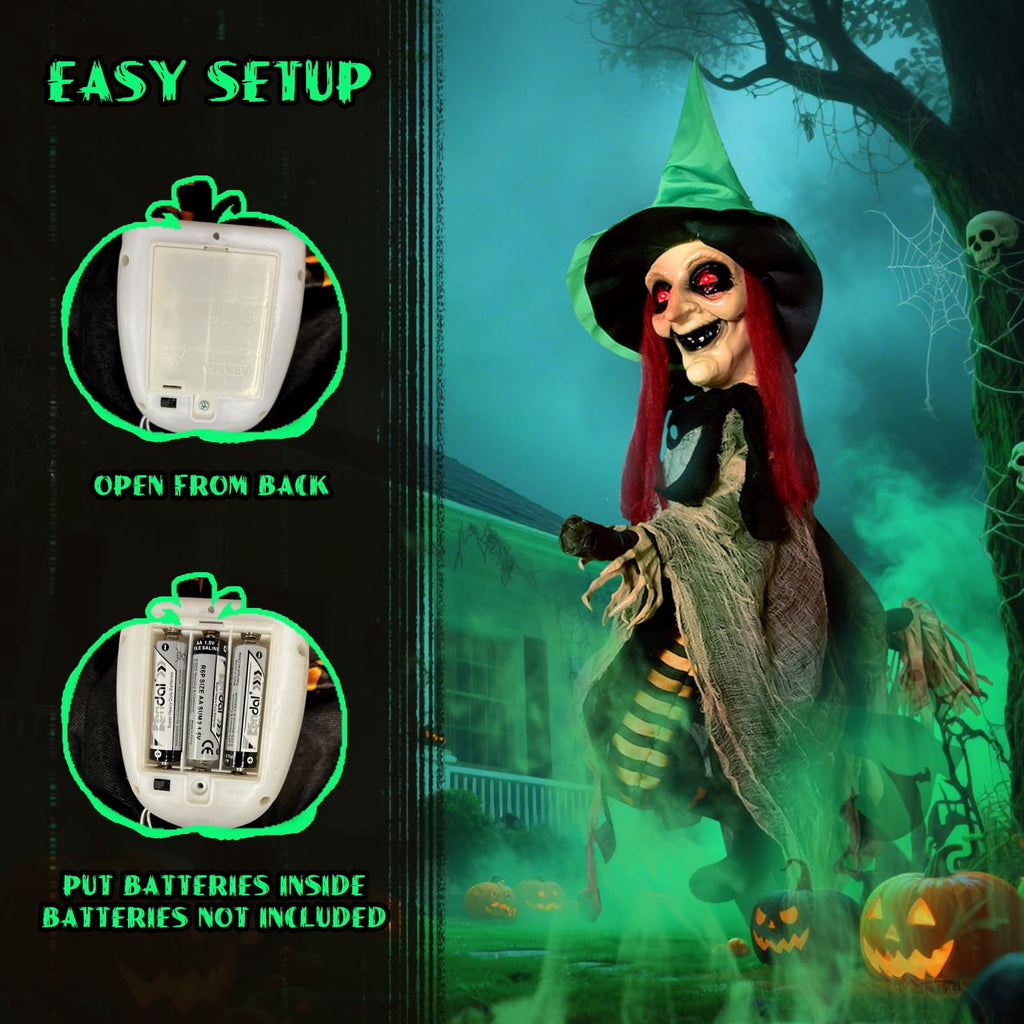 PRESENCE Halloween LED Light-Up Flying Witch on Broomstick, Realistic Sound & Motion, Scary Animated Decoration with Kicking Legs for Yard, Party, Haunted House Green