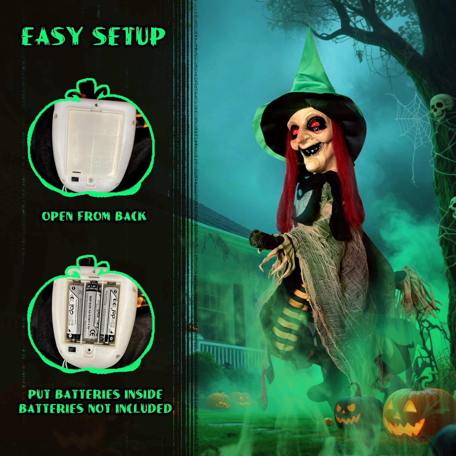 PRESENCE Halloween LED Light-Up Flying Witch on Broomstick, Realistic Sound & Motion, Scary Animated Decoration with Kicking Legs for Yard, Party, Haunted House Green