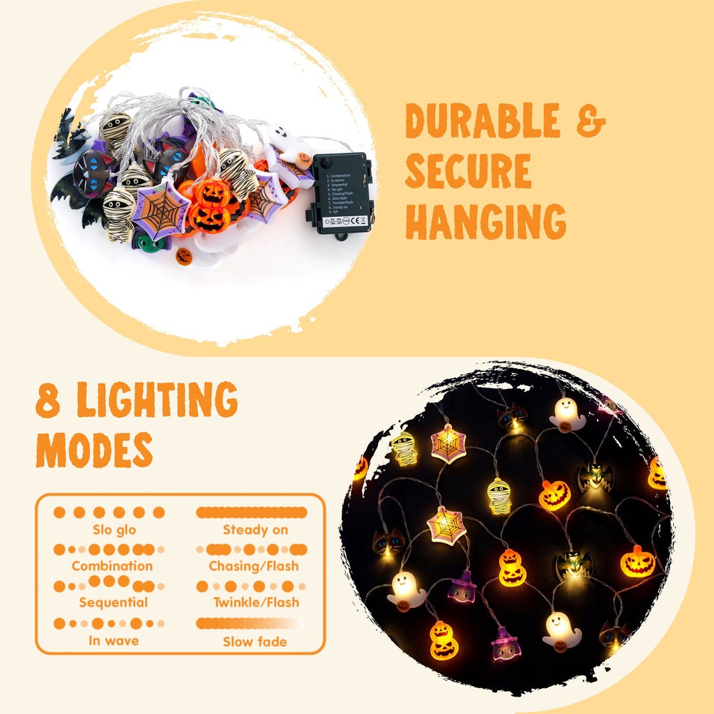 Joyfy 19.7ft Halloween Lights,30 LED Waterproof 3D Pumpkin Ghost Battery Operated String Lights with Timer 8 Lighting Modes Fairy Light for Window Indoor Outdoor Decor Halloween Party Decorations
