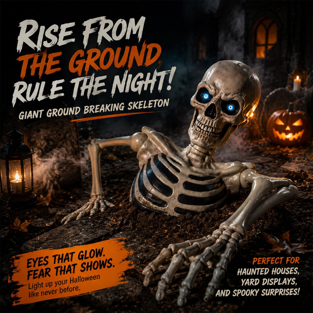 Ground Breaking Skeleton with LCD Eyes, Halloween Prop, 12 Inch Animated Ghost Skeleton with Sound Activated Glowing Eyes, Outdoor Graveyard Haunted Yard Spooky Party Decoration