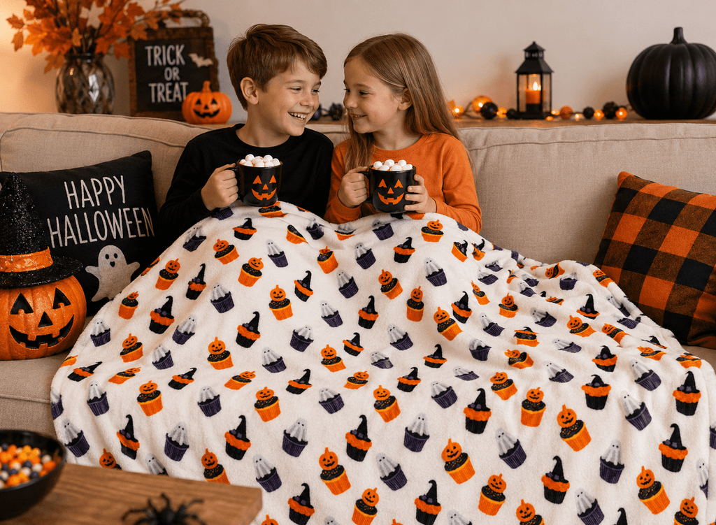 Serafina Home Halloween Throw Blanket: Fuzzy Boo! Jack O'Lantern Spider Webs Skull and Black Cats Print on Velvet Fleece for Sofa Bed Couch Chair Dorm