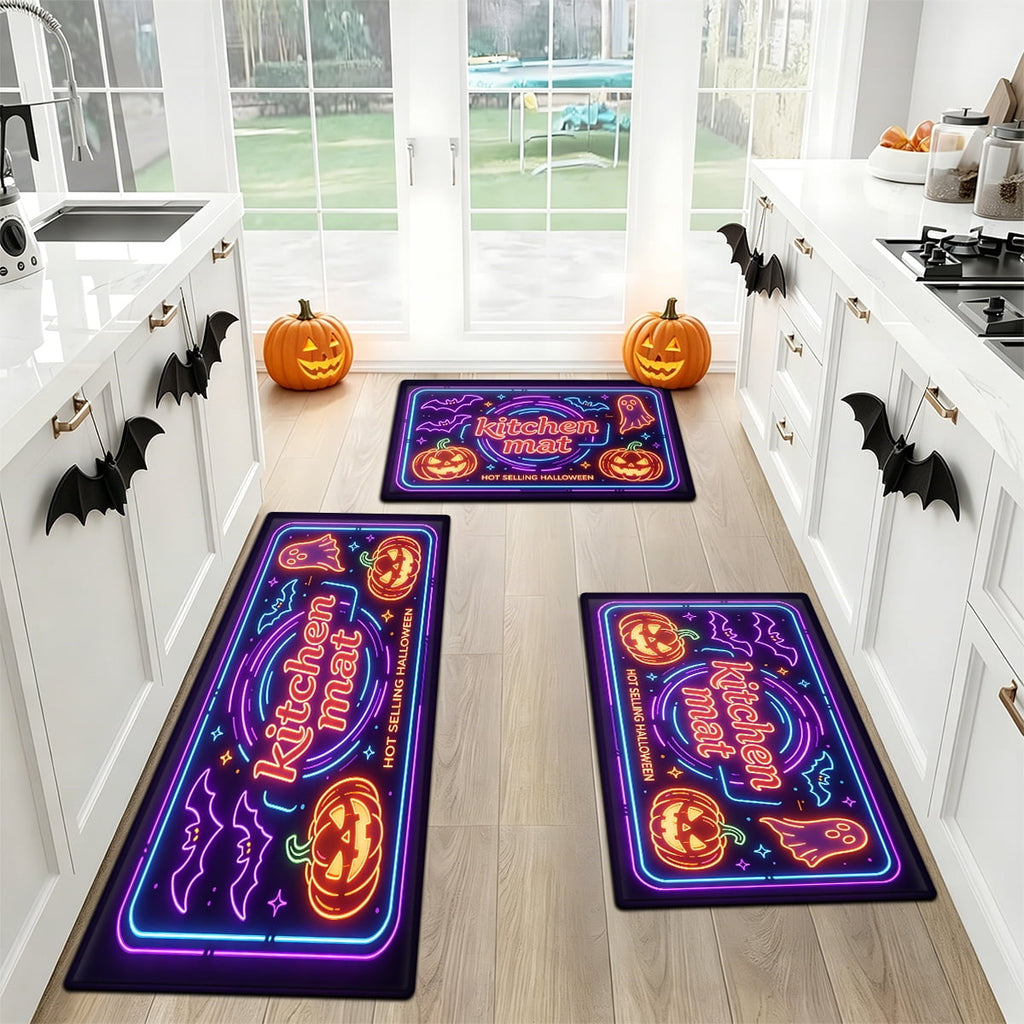 YIMEIS Halloween Neon Pumpkin Lanterns 3Pcs Flannel Mat & Kitchen Rugs Set,Soft Non-slip,16''×24'' 20''×30'' 17''×47'' Inches,for Entryway Bathroom