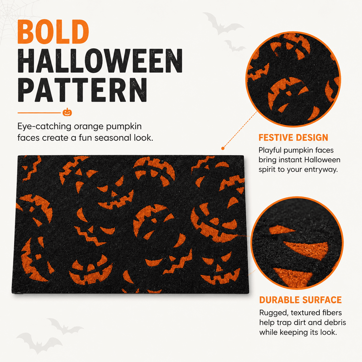 Doormat with Black and Orange Pumpkin Face Pattern, Durable Fiber Material for Outdoor Porch Front Door, Festive Halloween Decor,40 x 60 cm