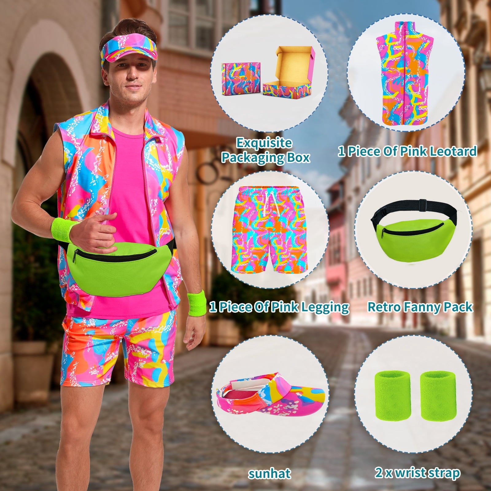 MYATED 6 Pieces 80s Men Workout Costume Halloween Cosplay Outfits 80s 90s Workout Outfit Party Clothing for Adult Mens,XL