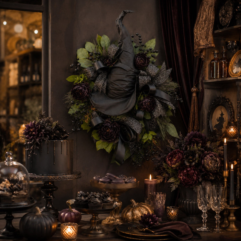 Luckky Black Rose Witch Hat Front Door Wreath,Elegant Spooky Halloween Door Decor with Spider Web Ribbon,Creepy Stylish Wreath for Home Accent,Gothic Themed Party & Indoor Room