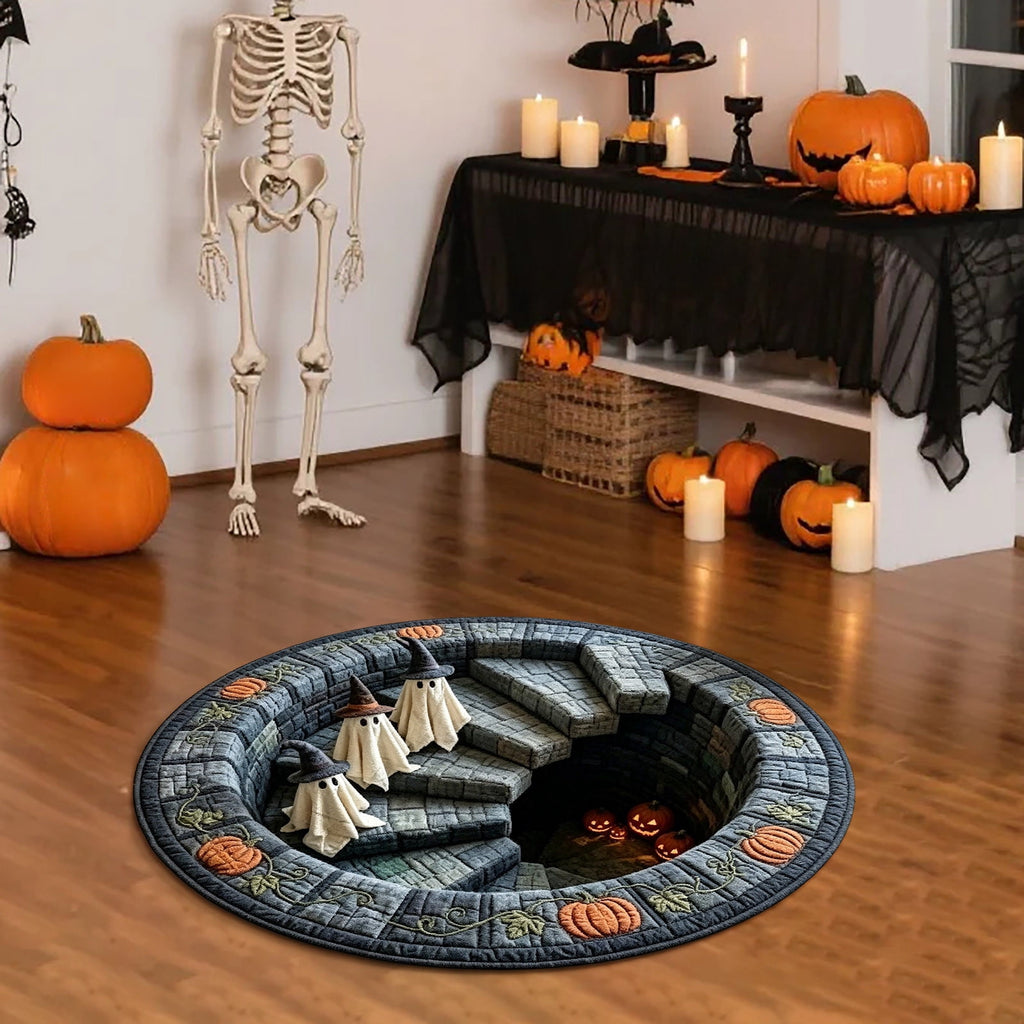 Halloween Round Rug 50cm Optical Illusion, Spooky Ghost Pumpkin Skull Mat, Non-Slip Entryway Bedroom Doormat for Home Party Floor Decor