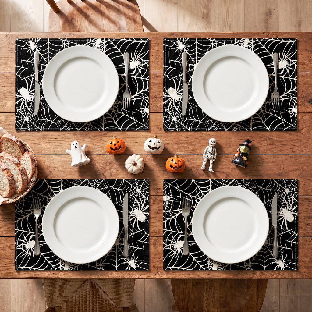 Smile Jack-O'-Lantern Spider Web Halloween Table Placemats Set of 4 Round 15 Inch Black