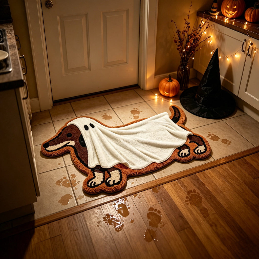 MMJ Halloween Doormat Dachshund Ghost Shape Soft Faux Non Slip Floor Mat for Entryway Bathroom Home 23.62x15.75in