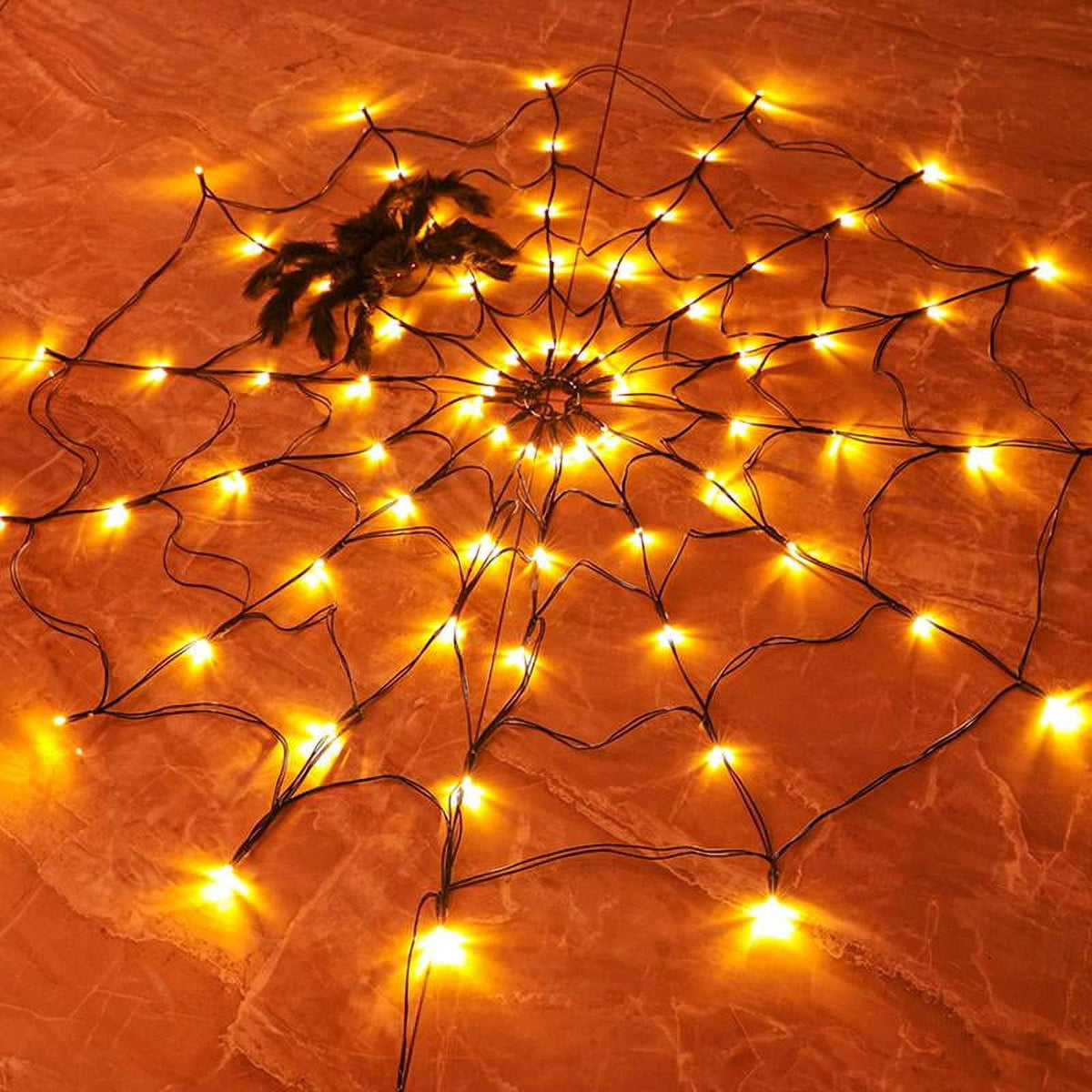 Halloween Decorations Spider Web Lights, 70 LED 8 Modes Battery Operated Waterproof Net Lights with Black Spider, Halloween Indoor Outdoor Orange