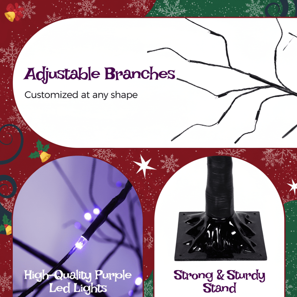 3-Pack Black Adjustable Branches Trees with Purple LED Lights, 4FT 5FT 6FT Pre-Lit Spooky Tree Set for Indoor Halloween Christmas Decor