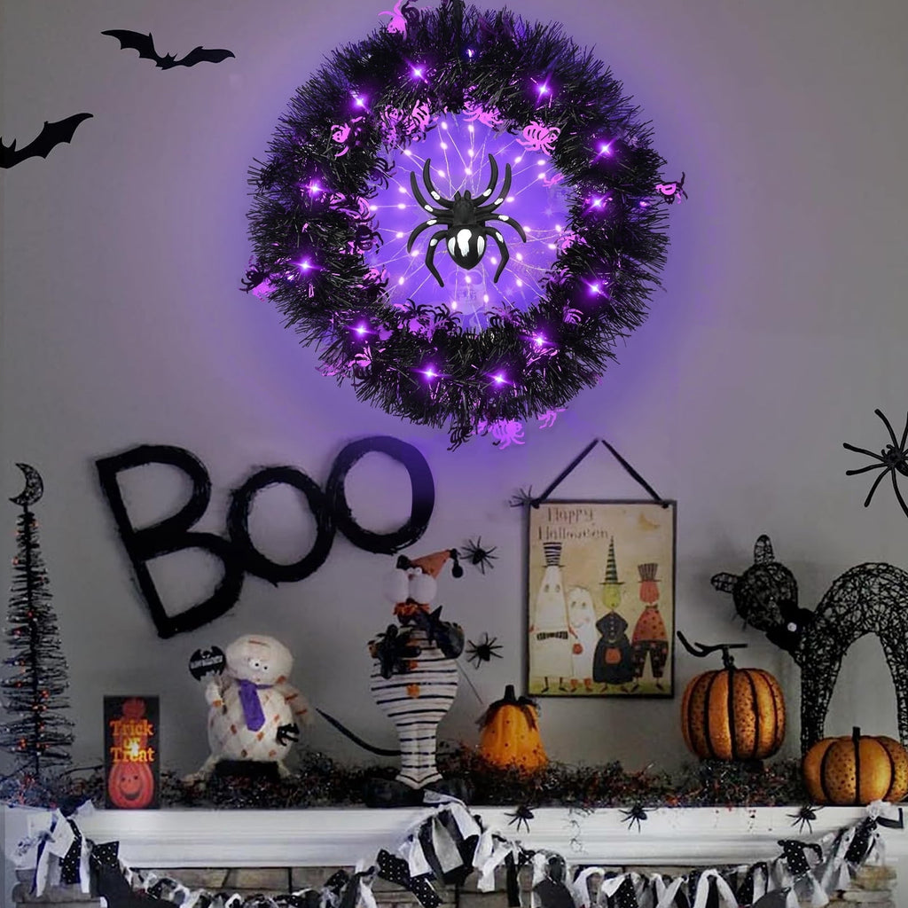Halloween Wreath Halloween Spider Decorations Wreath with Lights, Halloween Spider Garland LED Halloween Door Wreath for Halloween Party, Halloween Decorations Outdoor Indoor Wall and Window