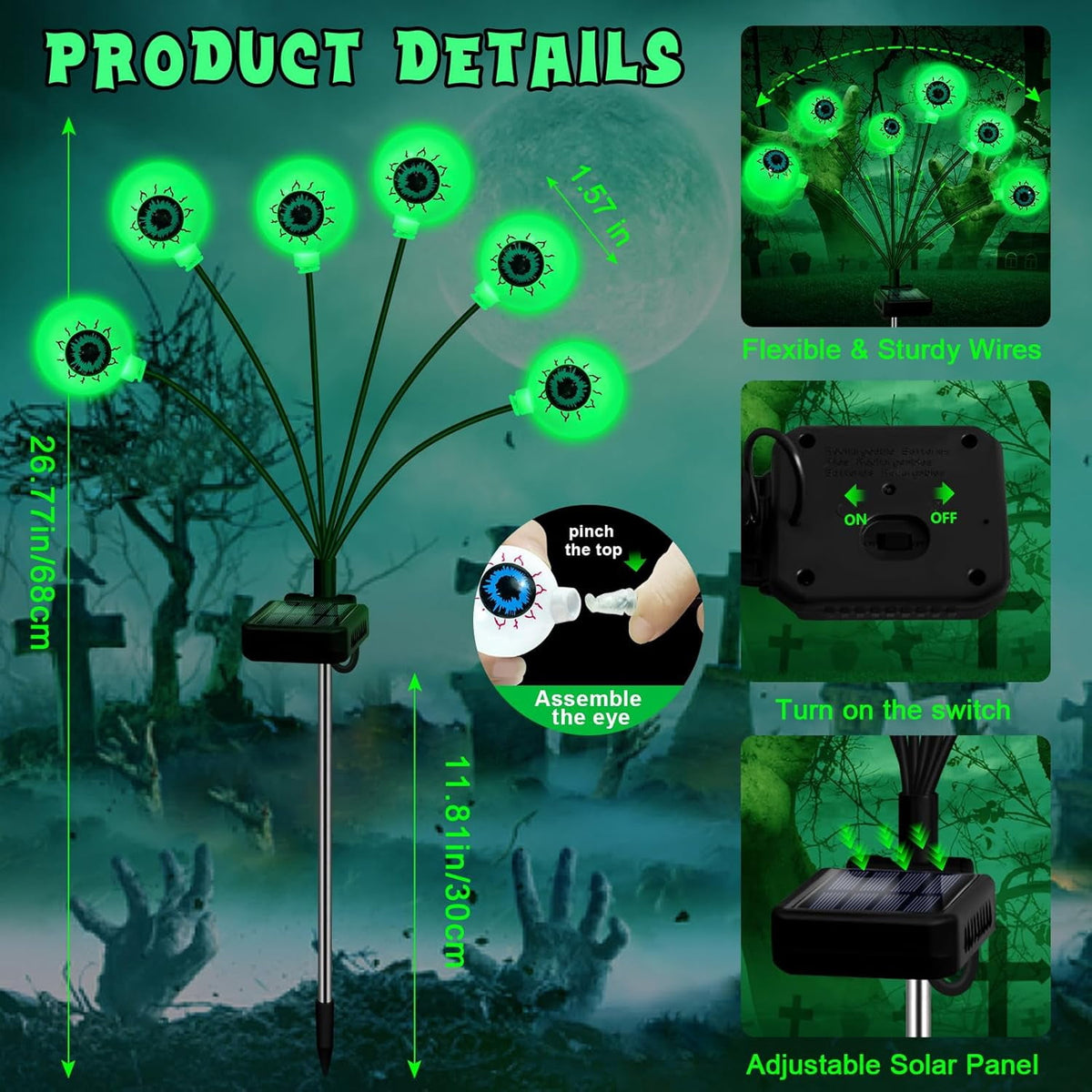 Morfone Halloween Decorations Outdoor, 2 Pack 12 LEDs Solar Scary Eyeball Lights, Waterproof Eyeball Swaying Firefly Lights, Halloween Path Lights for Garden Yard Party, Green