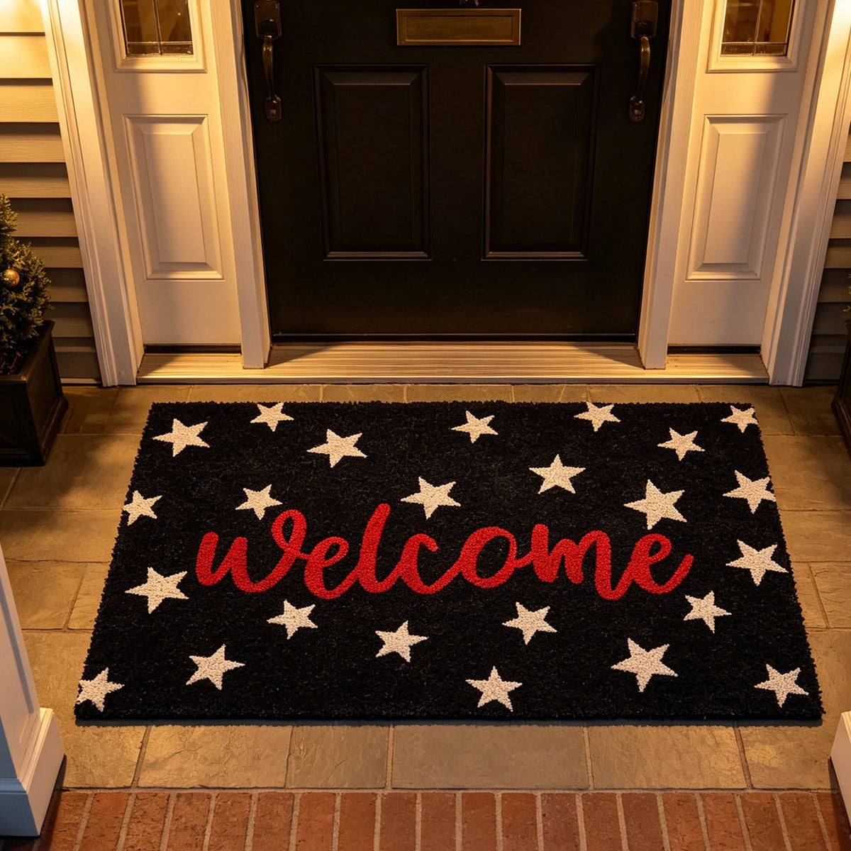 Patriotic Door Mat 4th of July Bow Flag Floor Doormats Independence Day Star Welcome Non Slip Mats for Front Porch Decor 16*24in Black