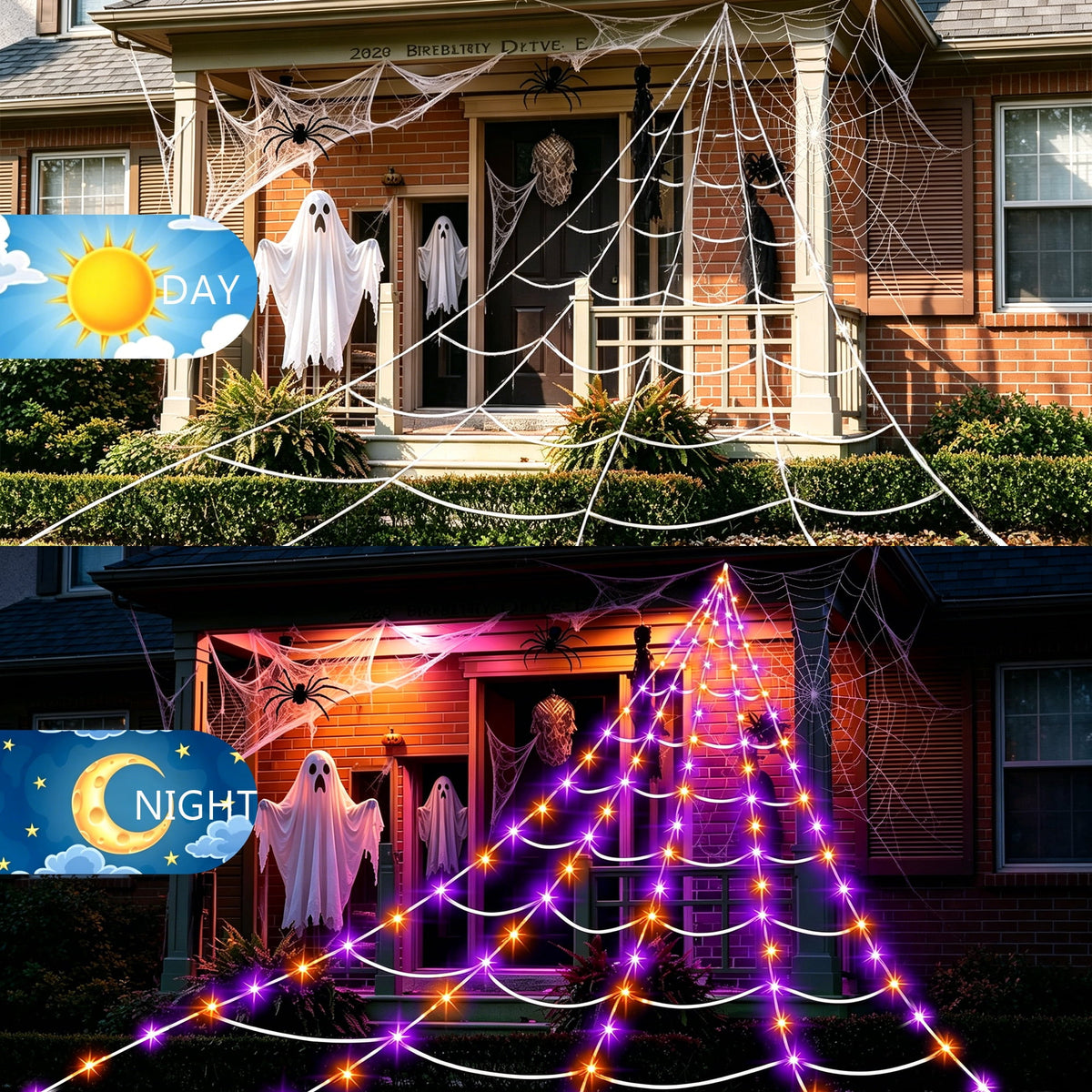 DAYBETTER Halloween Spider Web Lights, 5FT Giant Spider, 250 LED Holiday Lights, Remote Control Waterproof for Indoor Outdoor Yard Party Halloween Decorations (Purple & Orange)