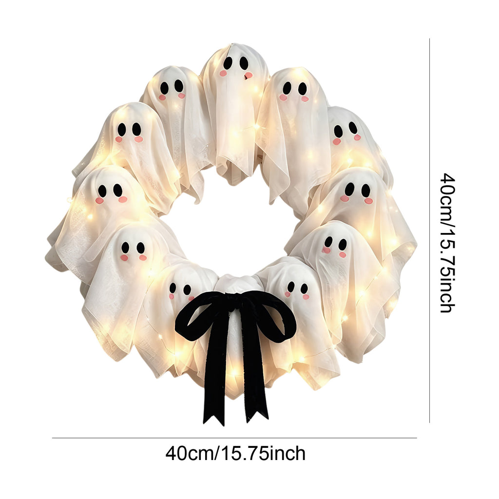Halloween Glowing Ghost Wreath, Light-up Spooky Wreath with 12 Ghost Decor, RC, 6H Timer, Ideal for Halloween Party (A 12x3inch)