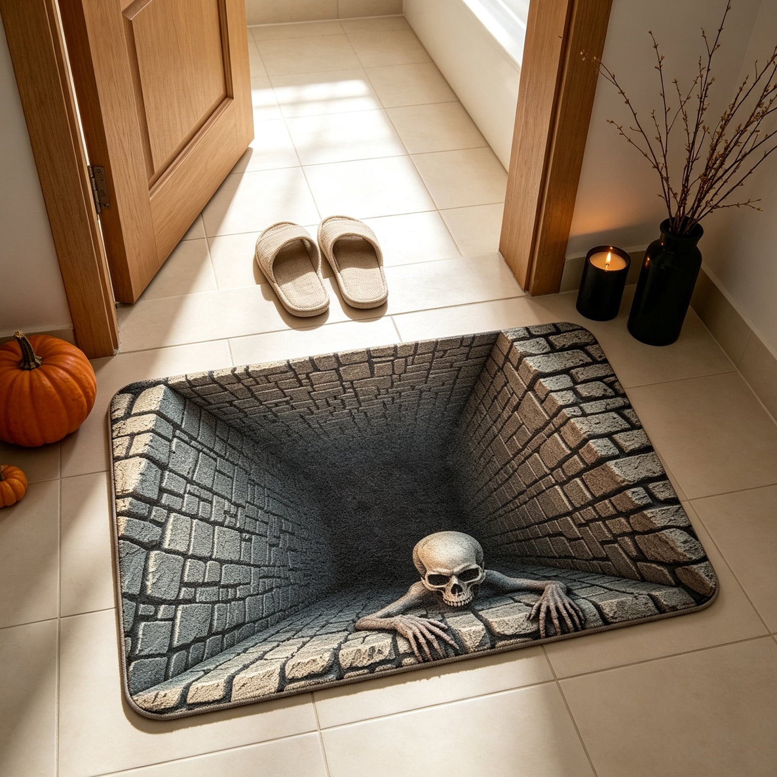 Halloween Decorations-3D Scary Skull Tunnel Doormat,Creepy Brick Wall Skeleton Visual Illusion Entryway Rug,Non Slip Rubber Back Diatomaceous Earth Mat for Porch Hallway Indoor Outdoor Home Decor