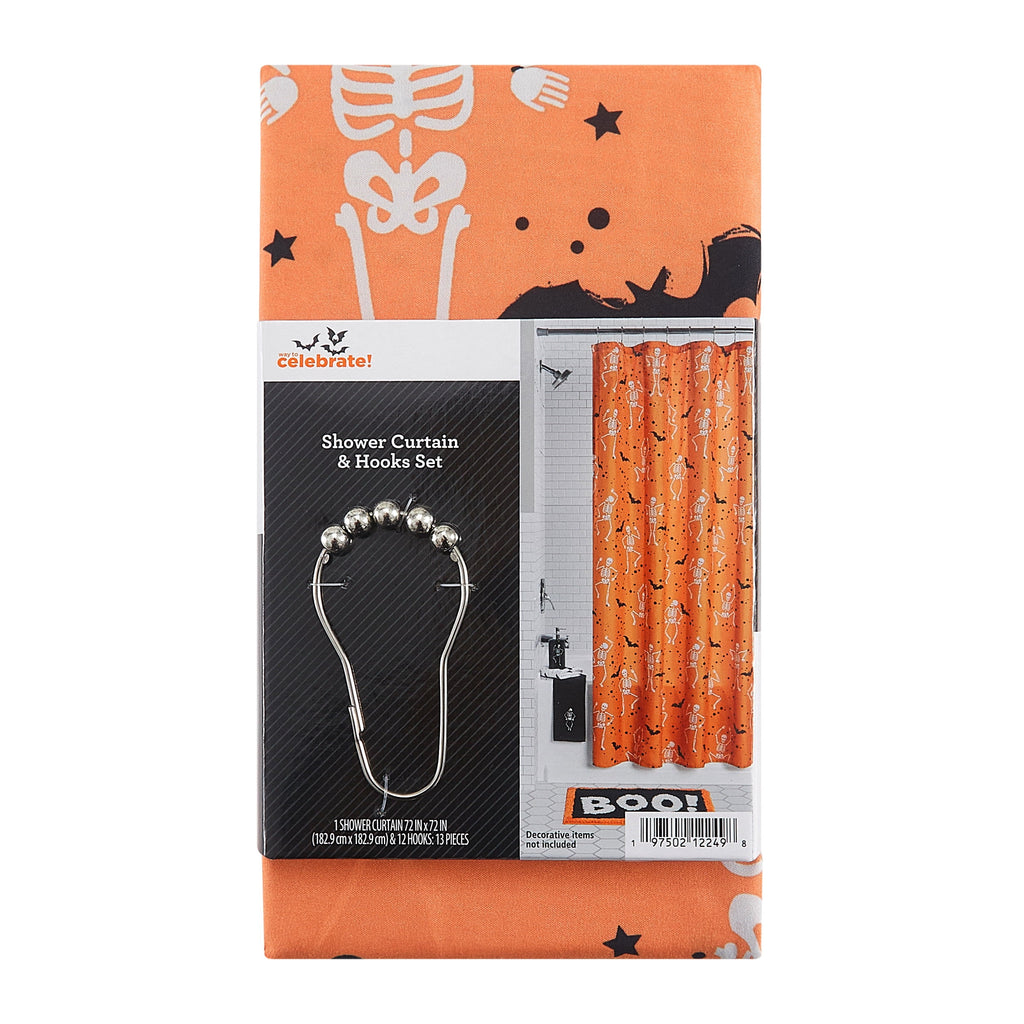 Way To Celebrate 13-Piece Shake Your Bones Shower Curtain Set with Hooks, Orange
