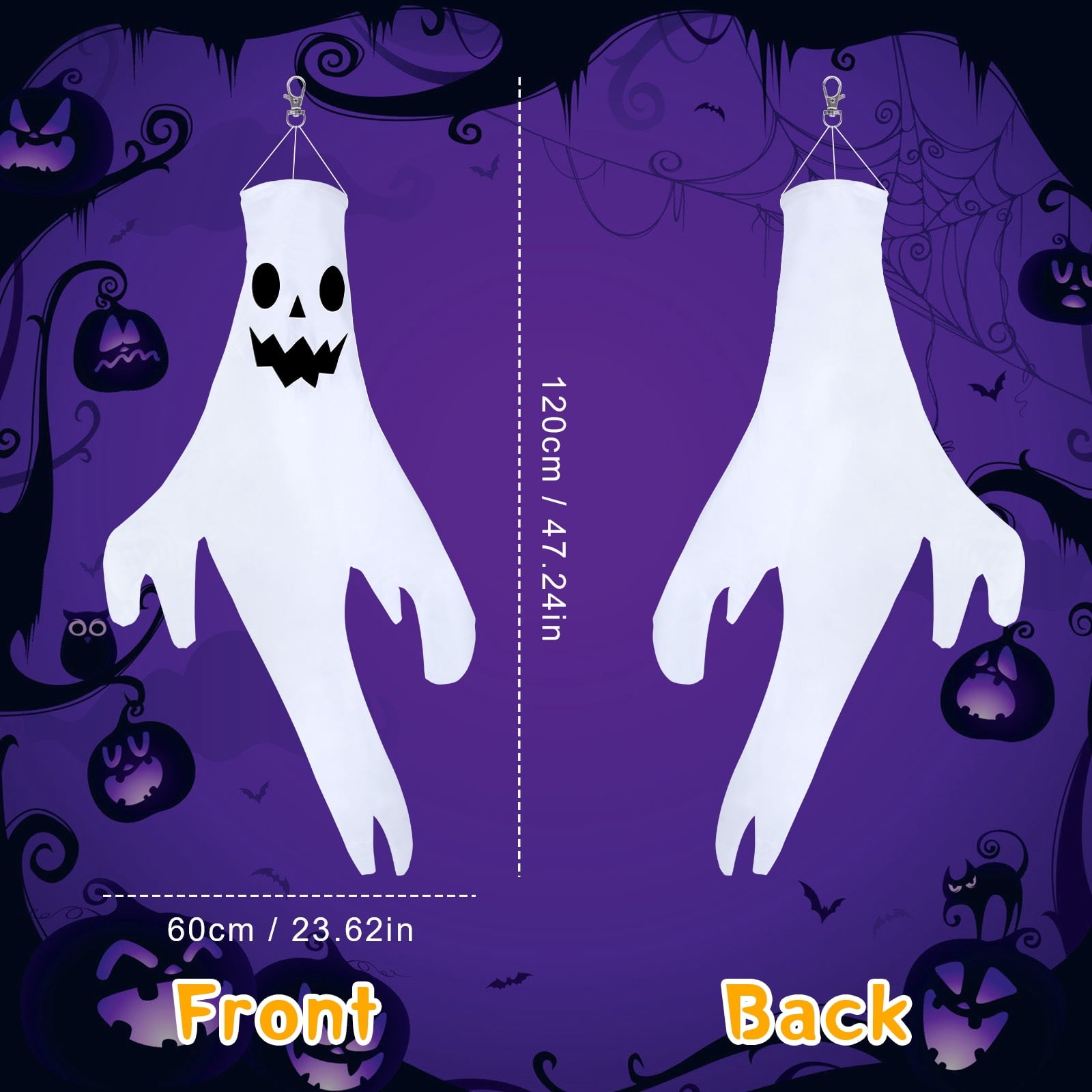 Qoosea 3 Pack Halloween LED Lights Witch Hat Ghost Hangers, Purple/Green/Orange, 3 Lighting Modes, Waterproof Battery Case, Halloween Decorations