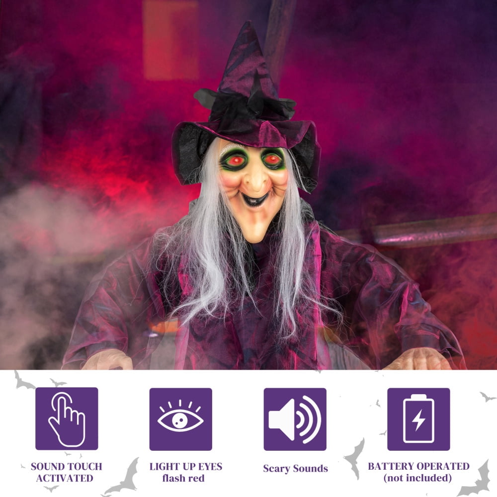 71" Life Size Hanging Talking Witch, Animated Halloween Witch with Sound Activation and Red Eyes for Outdoor & Indoor Decor - Old, Spooky and Scary Flying Animatronic Witch for Halloween Decorations