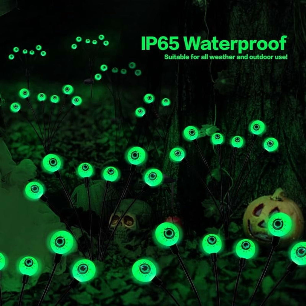 Halloween Decoration Outdoor Solar Horror Eyeball Lights, 2 Pack 12 LED Green Eyeball Swinging Firefly Lights, Waterproof Solar Halloween Street Lights Suitable for Courtyard/Garden/Lawn/Party Decora