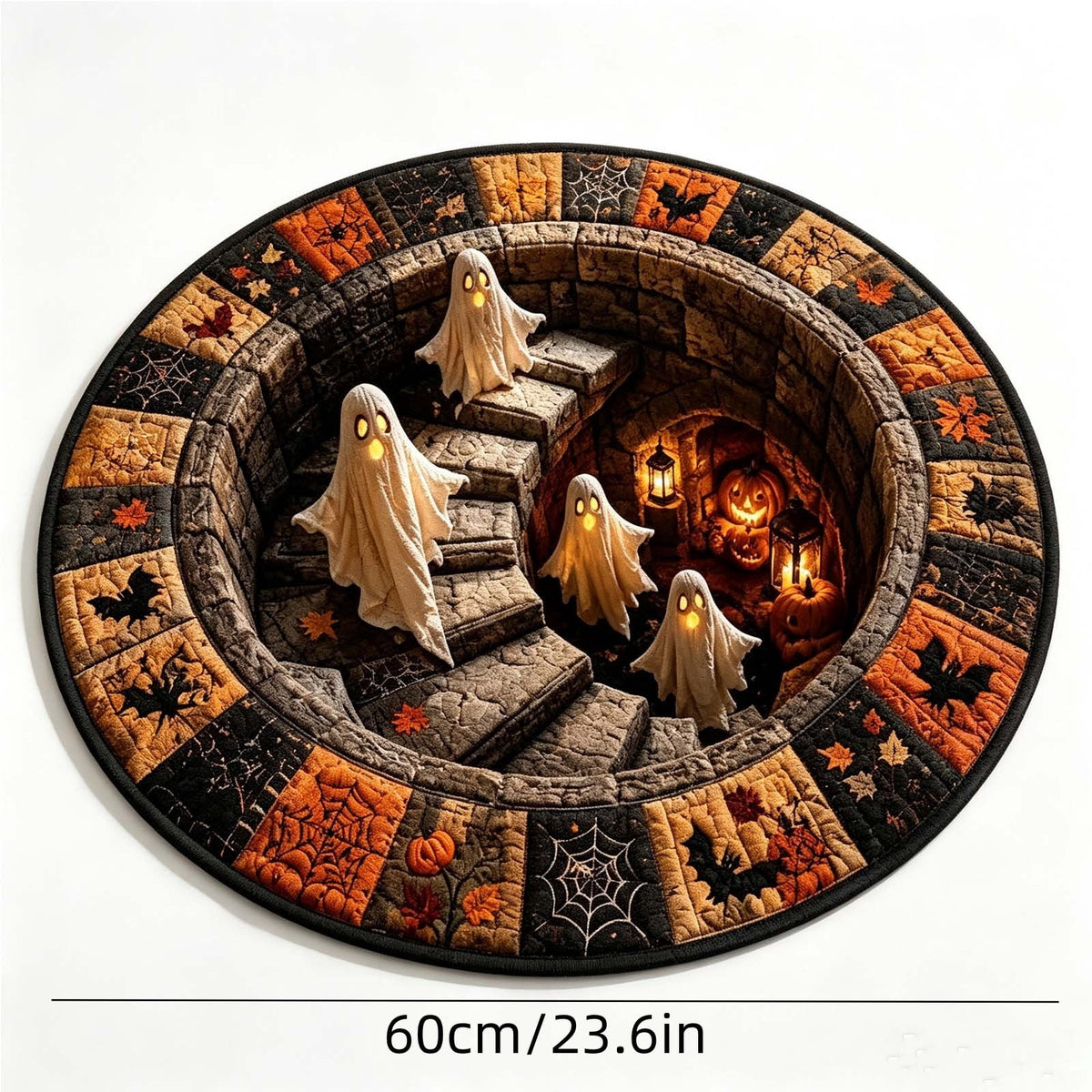Halloween Round Rug Optical Ghost Pumpkin Mat 15.75in Diameter Polyester Skidproof & Soft for Entryway Bedroom Party by MPOISVA