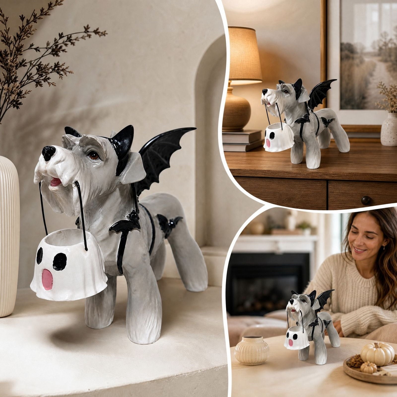 Clearance Halloween Schnauzer Bat Figurine with Ghost Bucket, 8 inch Resin Cute Dog Gifts Tabletop Decor