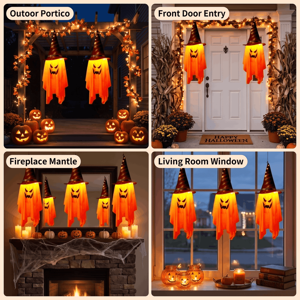 DAYBETTER 3 Pack Halloween Hanging Ghosts Light Up Decor, LED Ghost with Witch Hat Cute Lighted Ornaments for Indoor Outdoor Yard Patio Porch Tree Spooky Decor Gifts