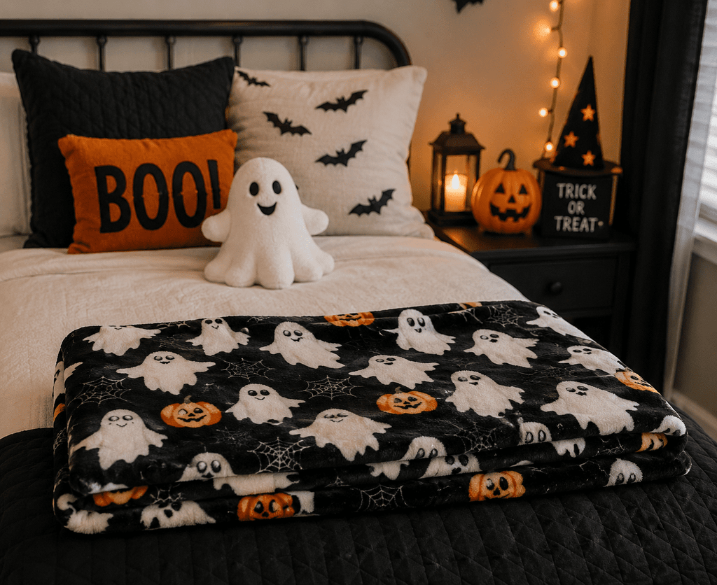 Serafina Home Halloween Throw Blanket: Fuzzy Boo! Jack O'Lantern Spider Webs Skull and Black Cats Print on Velvet Fleece for Sofa Bed Couch Chair Dorm