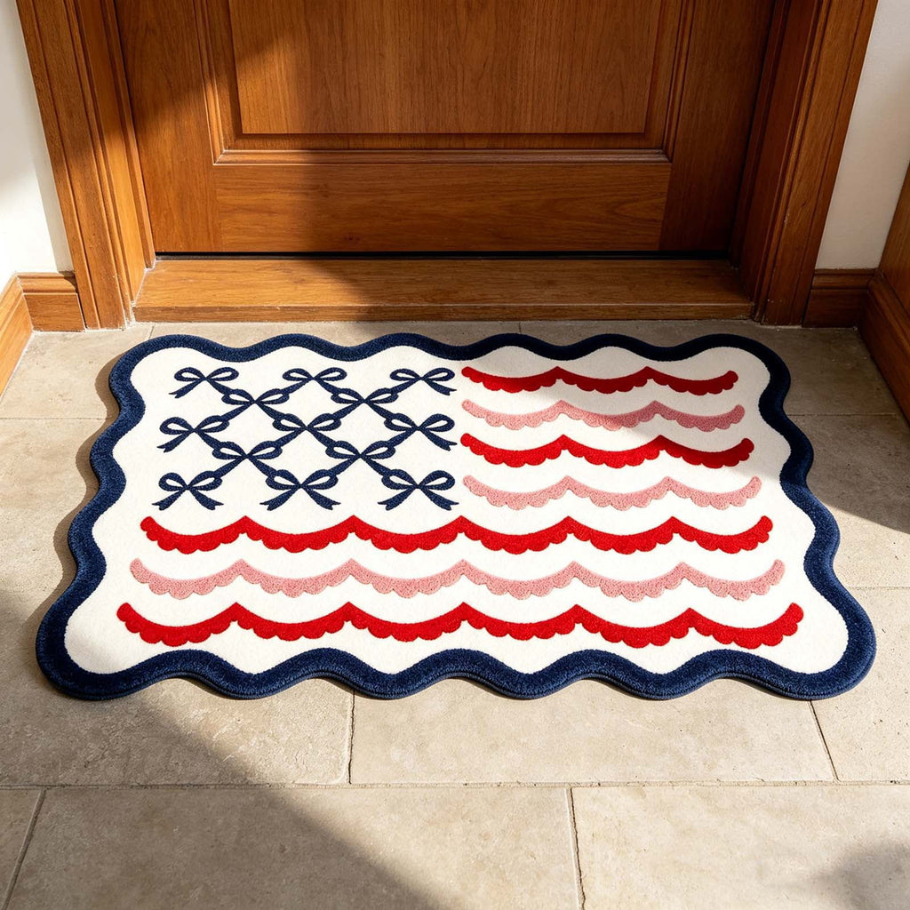 Clearance! 4th of July USA Bow Flag Bath Rugs, 24"x16" Red White Blue Decorative Bathroom Mat, Independence Day Embroidered Patriotic Lumbar Decor, Gift for Mom Dad Friend Family