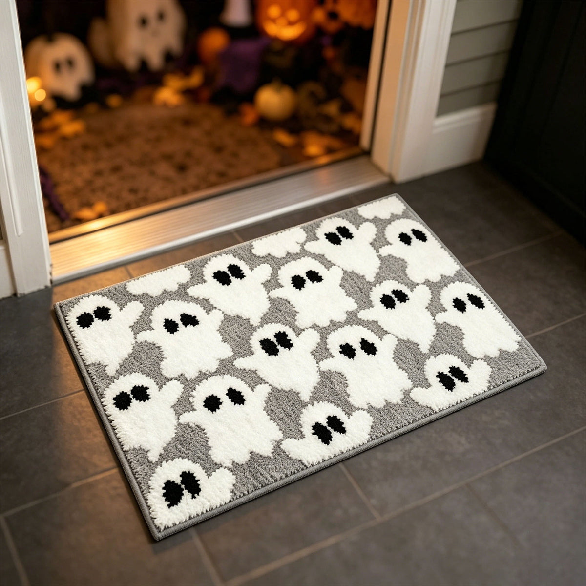 Halloween Heart Print Doormat 60x40cm, Black Orange Spooky Entry Mat for Front Door, Non-Slip Indoor Outdoor Rug