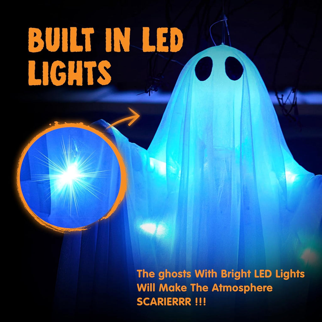 Joyfy 47" Halloween Hanging Light up Ghost Decorations Outdoor,White Ghosts with Blue LED Light and Timer Halloween Hanging Decoration Waterproof for Front Yard Patio Lawn